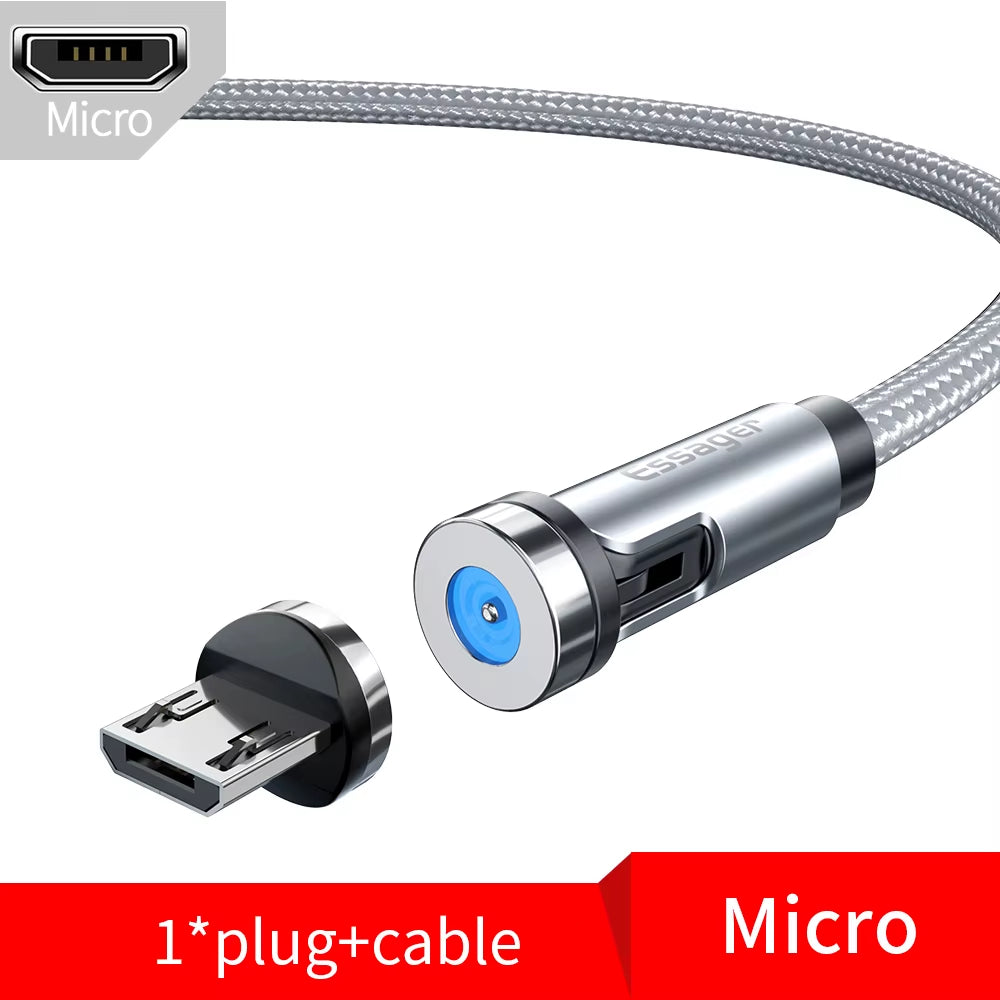Fast Charging 540° Rotate Magnetic Cable - Micro USB & Type C for iPhone & Xiaomi