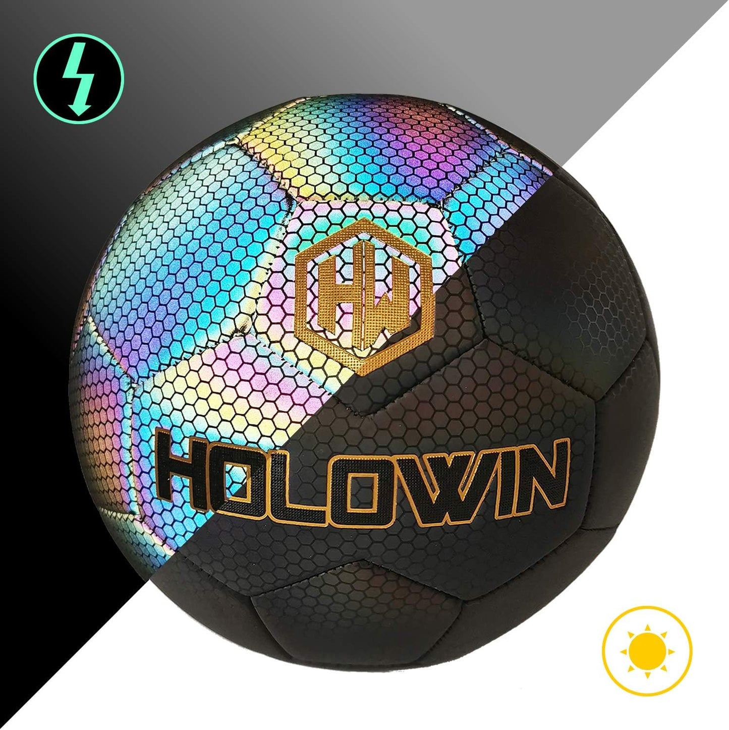 Holographic Luminous Soccer Ball for Night Games & Training Football Ball Glowing in the Dark Light up Reflective with Camera Flash Reflects Light Gifts, & Men (Size 5, Black)