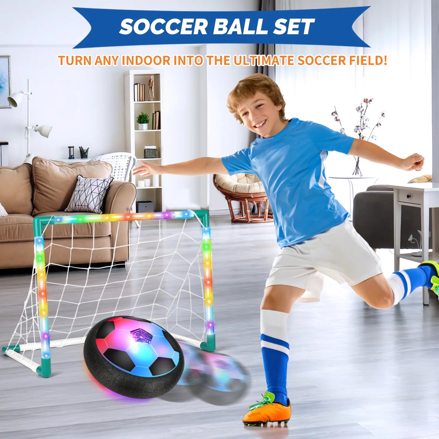 Light-Up Hover Soccer Ball Set for Boys 3-6, 2 Light-Up Air Floating Balls&Led Frame W/ Foam Bumper, Indoor Outdoor Game Soccer Toys, Ideal Birthday Christmas Gifts for Kids Aged 6-8, 8-12