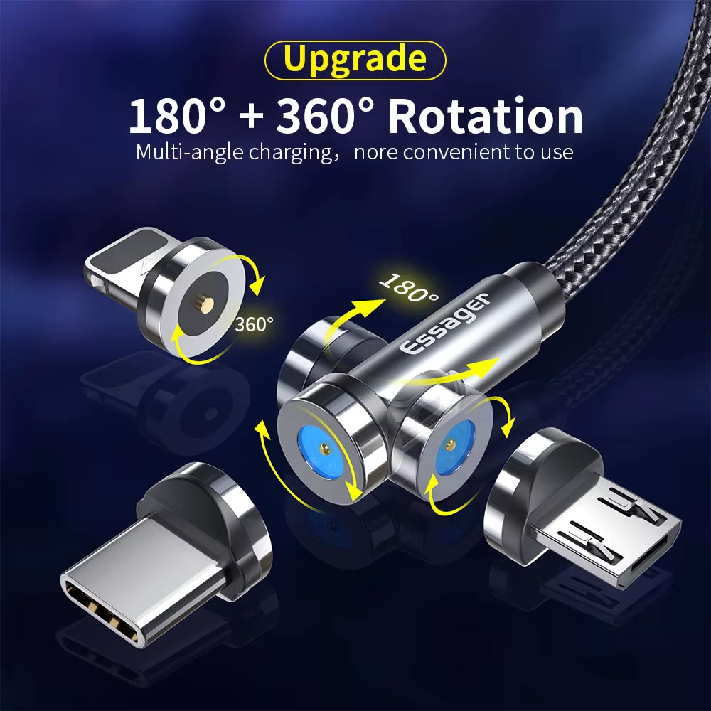 Fast Charging 540° Rotate Magnetic Cable - Micro USB & Type C for iPhone & Xiaomi