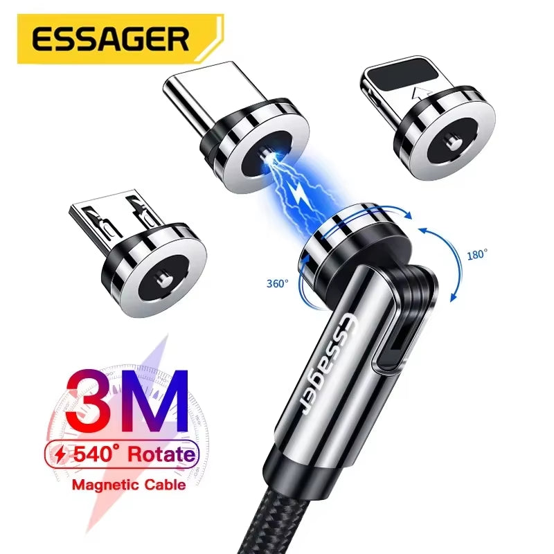 Fast Charging 540° Rotate Magnetic Cable - Micro USB & Type C for iPhone & Xiaomi