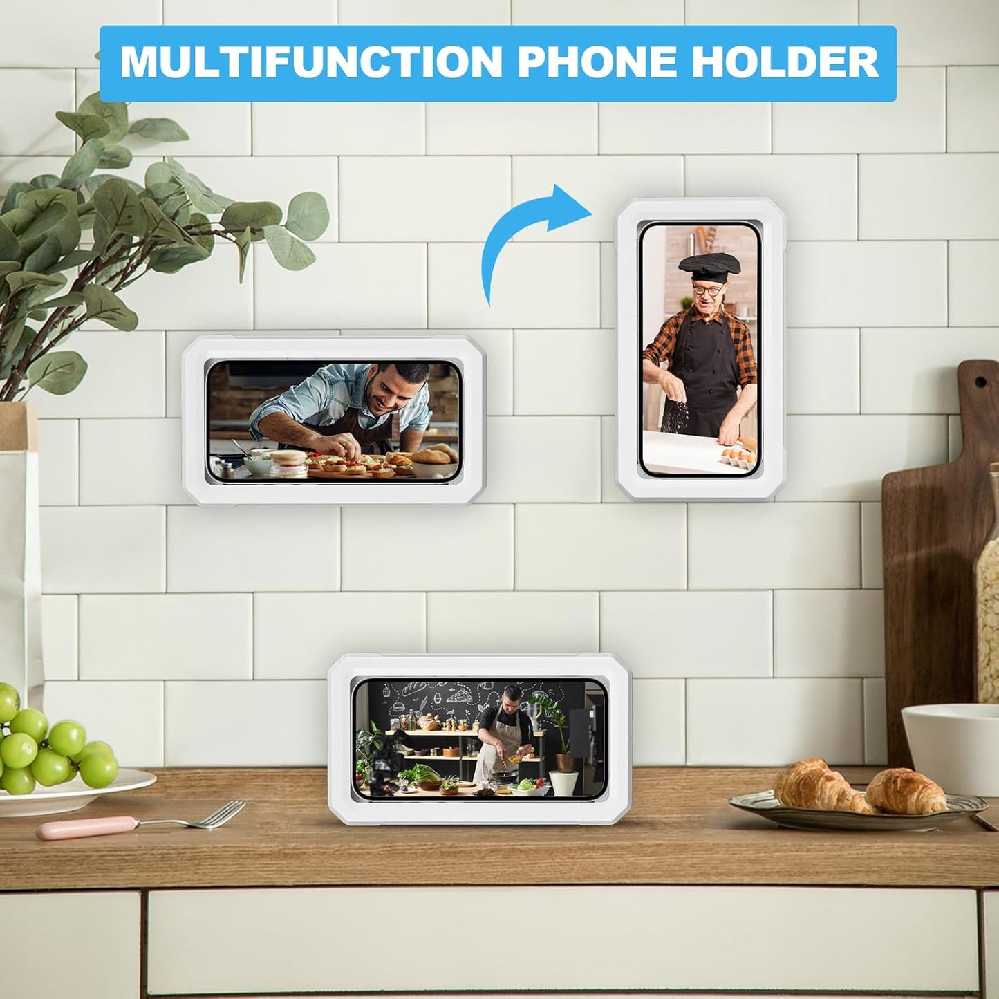 Shower Phone Holder Waterproof 360°Rotation Adjustable Phone Shower Holder, for Bathroom Bathtub Mirror Wall Mounted Phone Case Holder, Phone Holder for Shower 4" to 7" (White)