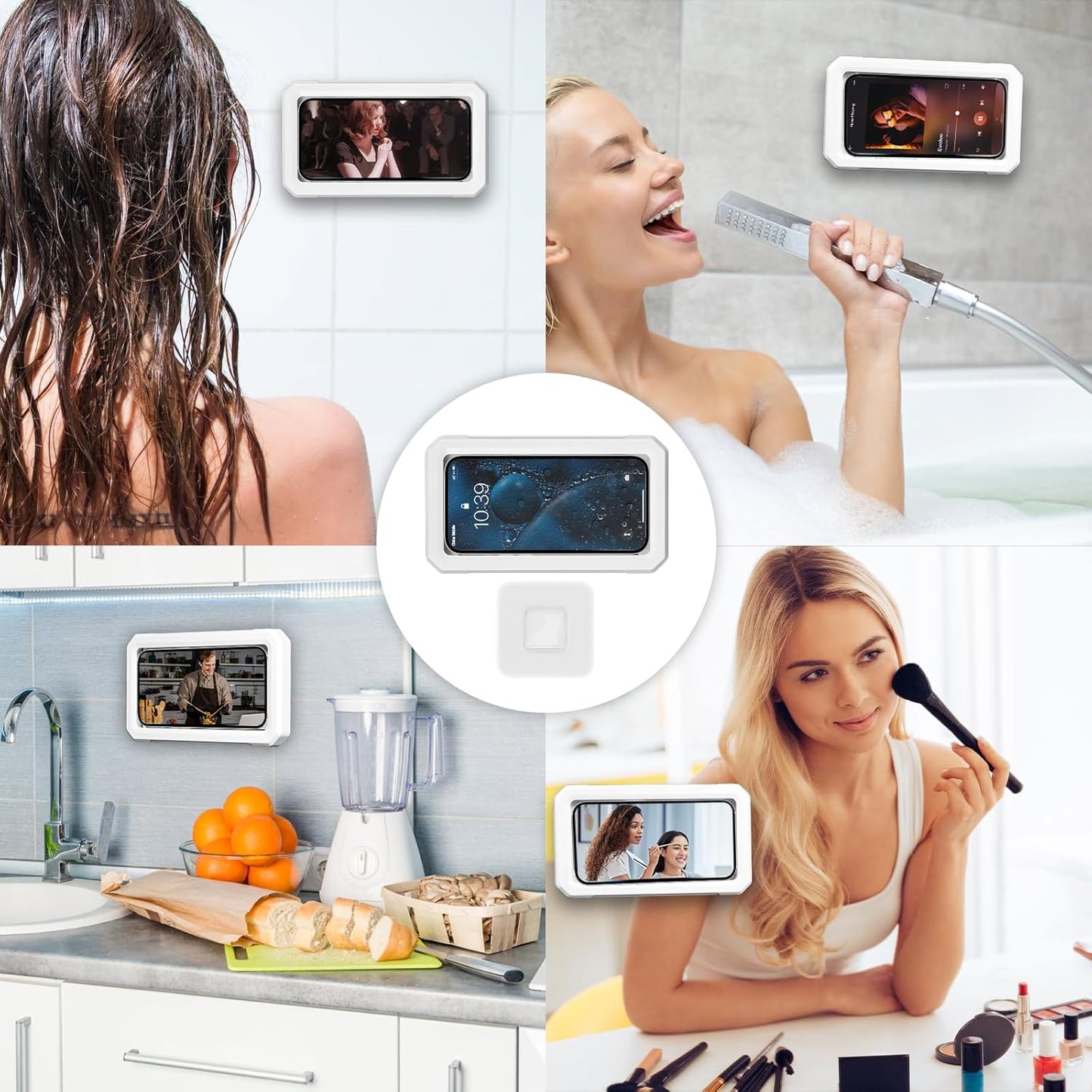 Shower Phone Holder Waterproof 360°Rotation Adjustable Phone Shower Holder, for Bathroom Bathtub Mirror Wall Mounted Phone Case Holder, Phone Holder for Shower 4" to 7" (White)
