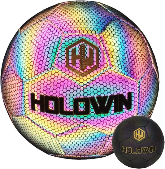 Holographic Luminous Soccer Ball for Night Games & Training Football Ball Glowing in the Dark Light up Reflective with Camera Flash Reflects Light Gifts, & Men (Size 5, Black)
