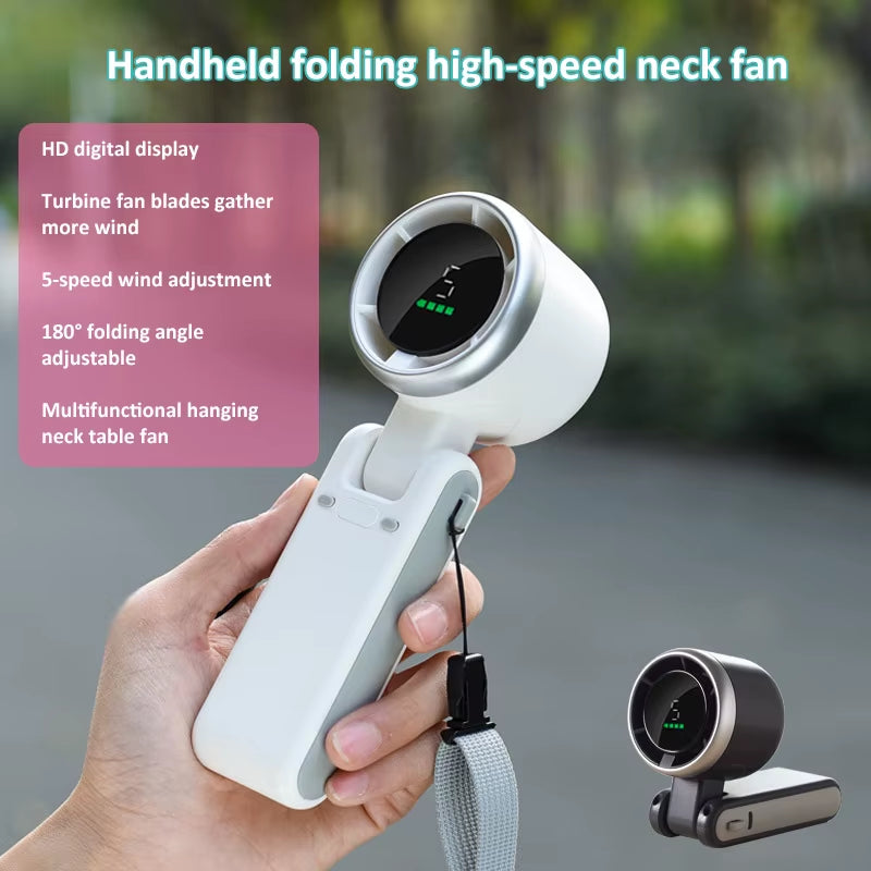 2024 Summer Fan Hand-Held Folding High-Speed Turbo Fan New Hanging Neck Outdoor Fan Desktop Portable LED Adjustment Student Fans