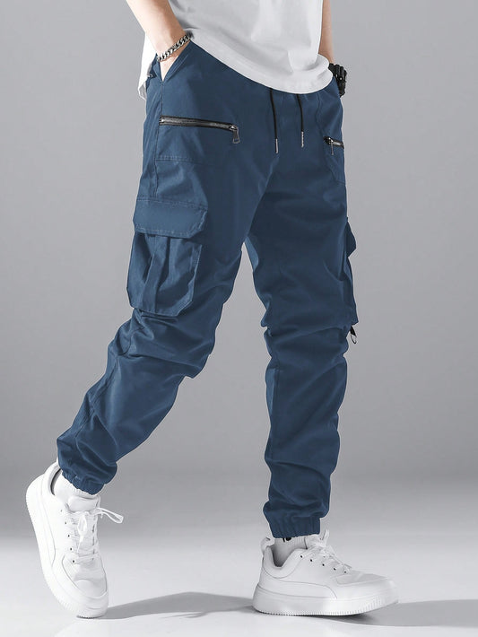 Manfinity Hypemode Loose Fit Men'S Cargo Pants with Flap Pockets, Side Drawstring and Elastic Waist, Back to School